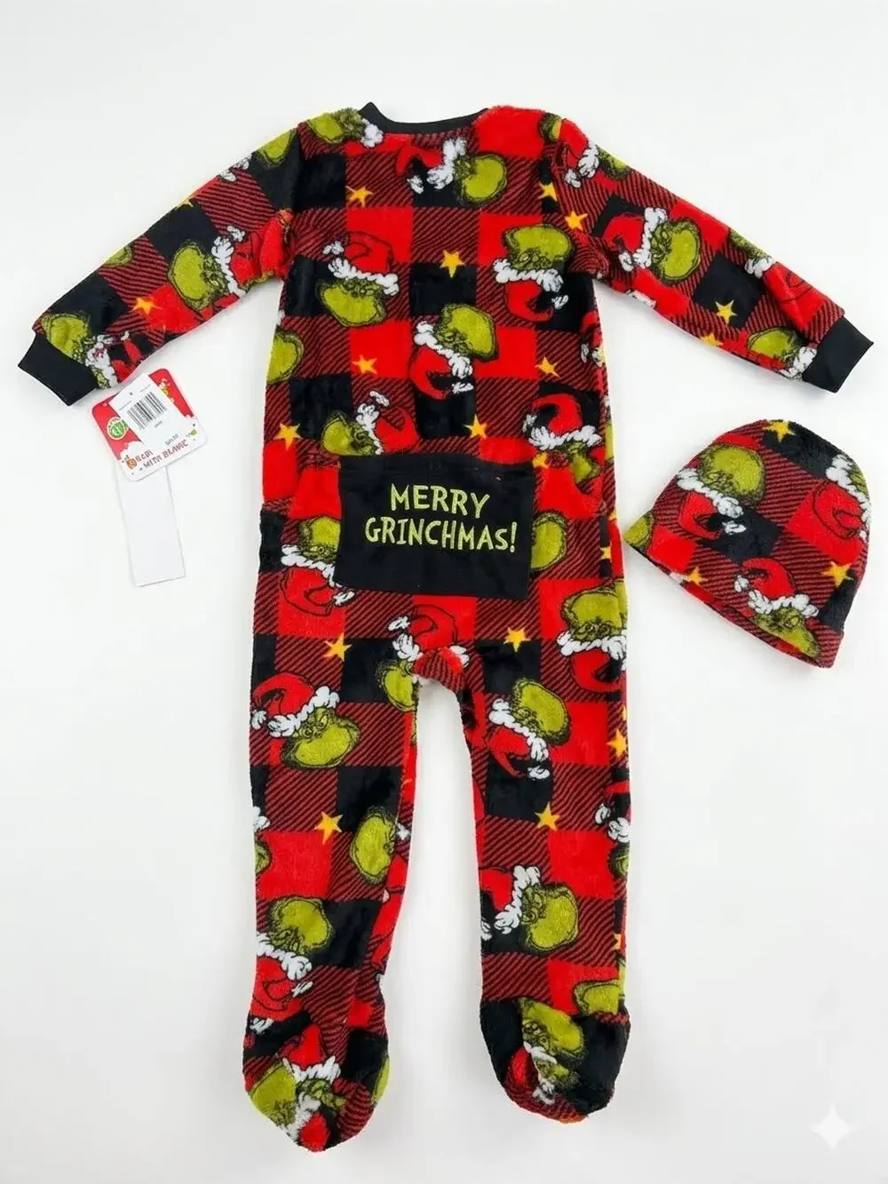 NEW! 18M Dr Seuss The Grinch Holiday AOP Fleece Footed Pajamas w/Beanie